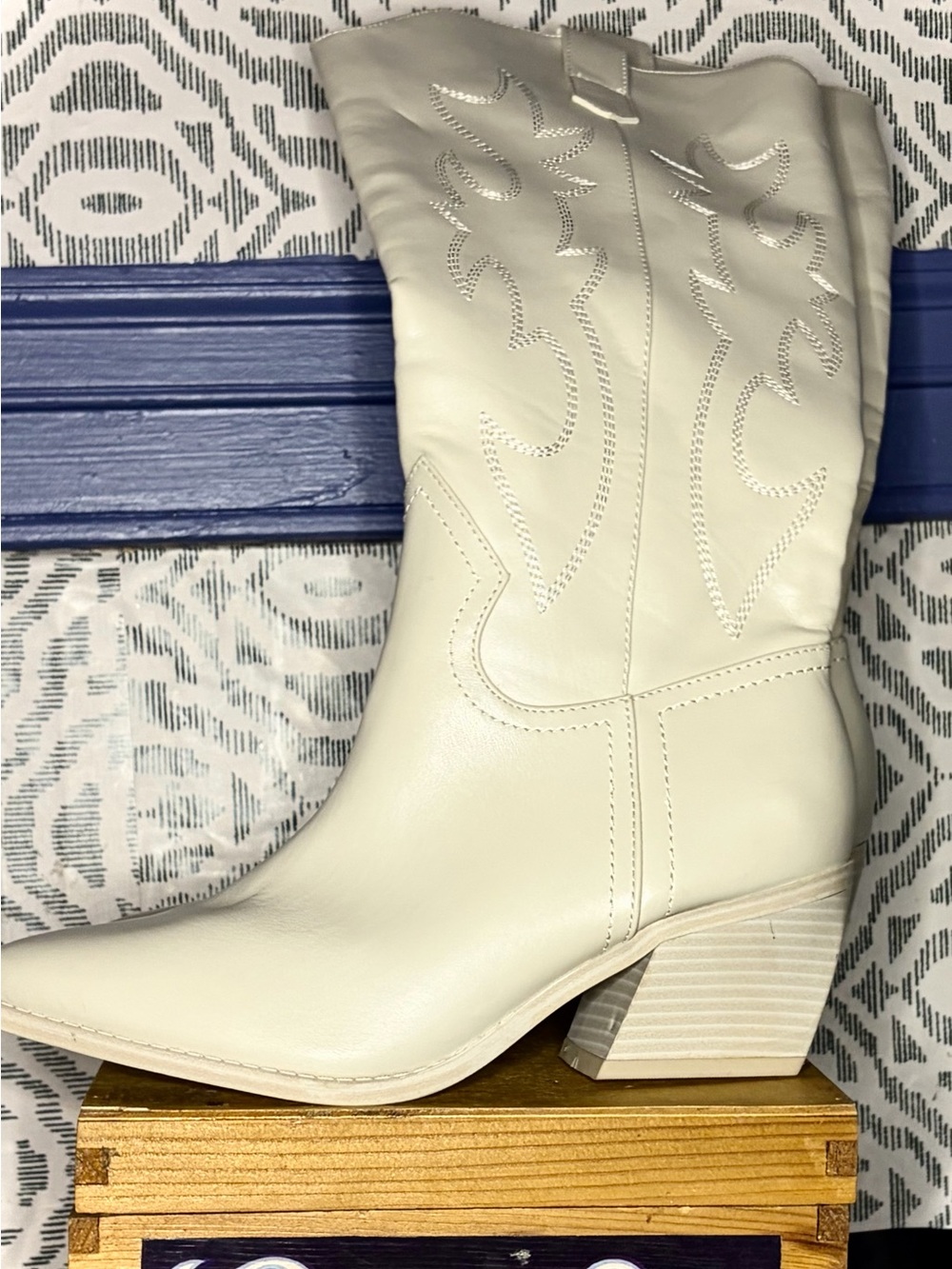 Women's Cream Western Block-Heel Boots